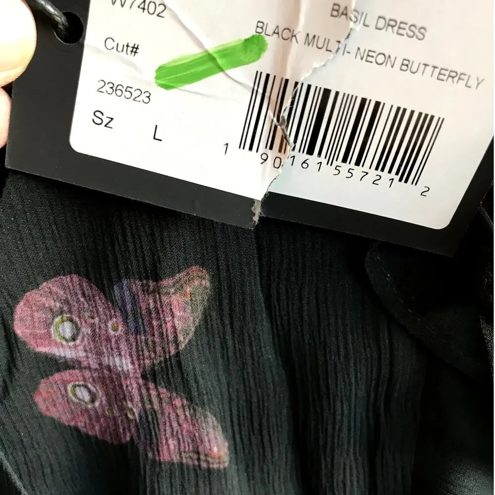 NWT Paige Black Butterfly Print Silk "Basil" Dress with Drawstring Waist size L - Picture 8 of 9